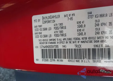 2006 Dodge Dakota Slt z USA, uszkodzony, nr VIN 1D7HW48N26S507395